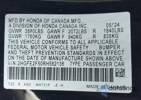 2024 Honda Civic Sport z USA, uszkodzony, nr VIN 2HGFE2F50RH582136